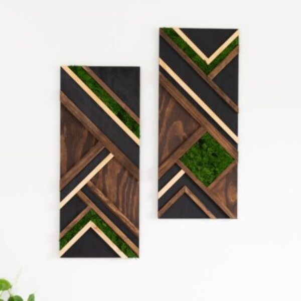 Farmhouse Modern Wood wall art with green Moss accents Set of 2